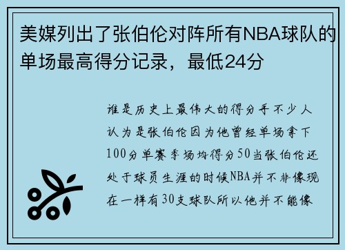 美媒列出了张伯伦对阵所有NBA球队的单场最高得分记录，最低24分